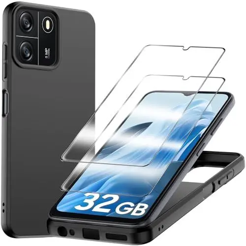 Produktbild: WQRTYJK für Blackview Wave 6C Hülle, 2 Stück Panzerglas Schutzfolie Silikon Handyhülle, Stoßfest Schutzhülle Case, Schwarz
