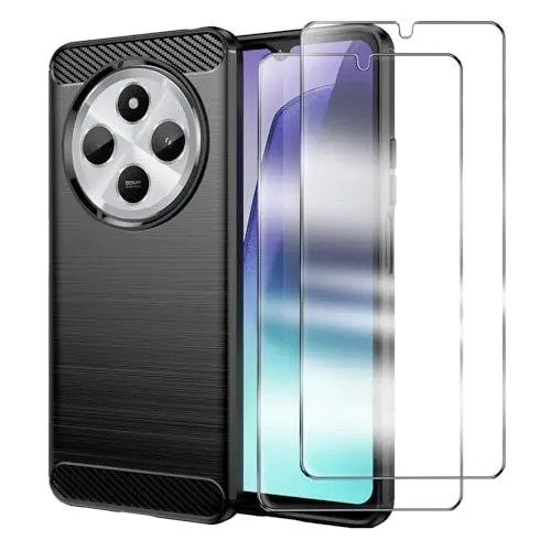 Produktbild: WQRTYJK für Xiaomi Redmi 14C Hülle, 2 Stück Panzerglas Schutzfolie Silikon Handyhülle, Stoßfest Schutzhülle Case, Schwarz