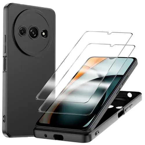 Produktbild: WQRTYJK für Xiaomi Redmi A3 Hülle, 2 Stück Panzerglas Schutzfolie Silikon Handyhülle, Stoßfest Schutzhülle Case, Schwarz