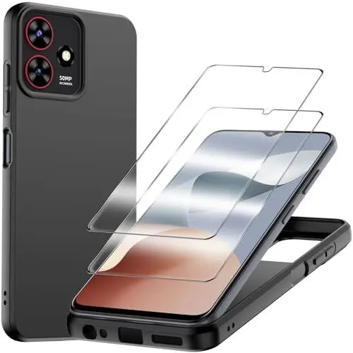 Produktbild: WQRTYJK für ZTE Blade A73 4G Hülle, 2 Stück Panzerglas Schutzfolie Silikon Handyhülle, Stoßfest Schutzhülle Case, Schwarz