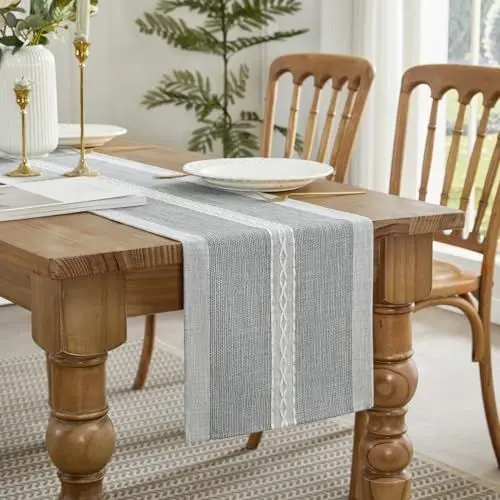 Produktbild: Wracra Stickerei Baumwolle Leinen Tischläufer, Bauernhaus-Stil Indoor Outdoor Grau Tabelle Läufer 180cm für Party Esszimmer Küche Dekorationen(Grau, 180cm)