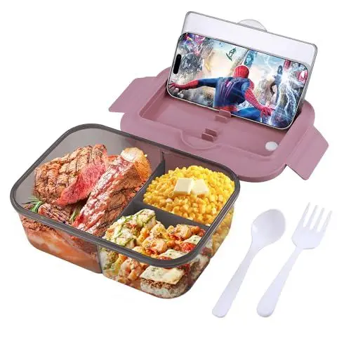 Produktbild: Wrischan 1400ml Lunchbox, Brotdose mit 3 Fächern Erwachsene/Kinder, Auslaufsicher Brotzeitbox, BPA-frei, mikrowellen- und spülmaschinenfest, Bento Box für Schule Arbeit Picknick Reisen(Rosa)