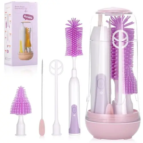 Produktbild: Wrischan 6 in 1 Elektrische Flaschenbürste Baby, Tragbar Babyflaschen Bürste mit UV Sterilisator, Flaschen-/Nippel-/Strohhalmbürste, Milchaufschäumer/Abtropfgestell Trockenständer,Rosa