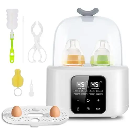 Produktbild: Wrischan 6-in-1 Flaschenwärmer Baby, Doppelbecher Babyflaschen Wärmer, Sterilisator für Babyflaschen mit Flaschenbürste/Clip, Baby Flaschenwärmer mit Dampf-Sterilisator, Erwärmen/Auftauen Speisen