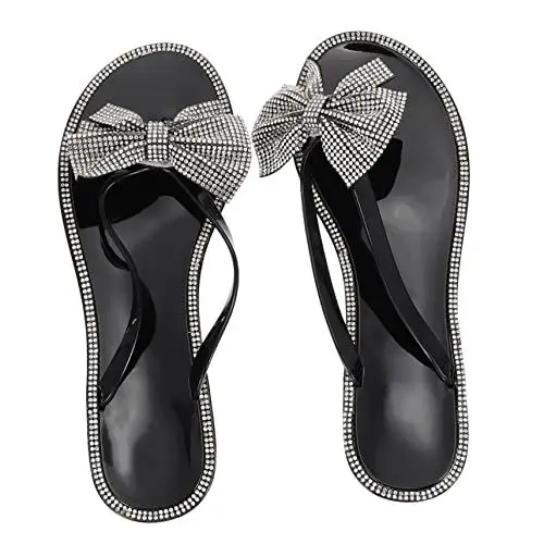 Produktbild: WRITWAA 1 Paar Flip-flops Flache Sandalen Aus Strass Bowknot-flops Strass-sandalen Für Damen, Flach Outdoor-flops Für Mädchen Strandschuhe Damen Sandalen Keilrutschen Für Frauen Black