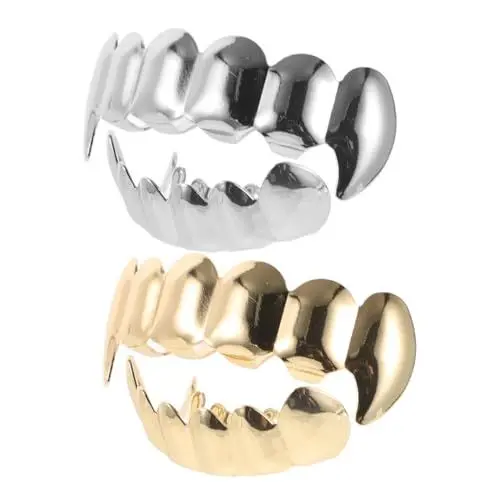 Produktbild: WRITWAA 2 Sätze Hip-hop-schmuck Mit Goldenen Hosenträgern Halloween-zähne Halloween-reißzähne Bling Hip Hop Teethgrillz Vergoldete Zähne Teethgrillz Edelsteinzahn-set Umweltkupfer