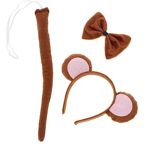 Produktbild: WRITWAA 3 Sätze Affenohren Stirnband Halloween-tier-cosplay-stütze Tierkostüm Braunes Mauskostüm Fursuit Tierisches Affenkostüm Hut-stirnband Halloween-affenkostüm Tierfliege Tuch Brown