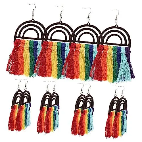Produktbild: WRITWAA 6 Paare hölzerne Ohrringe Ohrhänger mit Quasten Ohrring mit Quaste Makramee-Zubehör kolczyki damskie quasten ohrringe Funde von Holzohrringen Quaste Ohrringe Schmuck Polyester