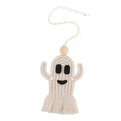 Produktbild: WRITWAA Halloween-dekorationsbehänge Halloween-wandbehang Aus Markrame Gestrickter Geister-schlüsselanhänger Gehäkelter Geisteranhänger Geister-wanddekoration Baumwollseil Weiß