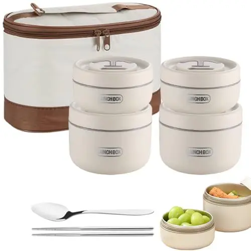 Produktbild: WRQIOO 4 Stück Thermo Lunchbox, Essen Warmhalten Behälter mit Tasche und Besteck, Stapelbarer Thermobehälter für Essen Mikrowellengeeignet für Zuhause,Büro,Picknick(2 * 450ML&2 * 650ML)
