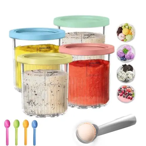 Produktbild: WRQIOO Creami Behälter für die Ninja Creami, 4 Stück 680ML Eisbehälter für Speiseeis, Ersatz für Ninja Creami Deluxe Pints und Deckel Eismaschine, Spülmaschinenfest, BPA-frei, für NC500 NC501-Serie