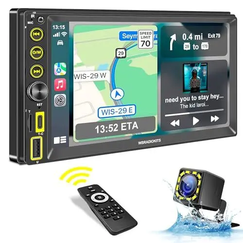 Produktbild: WSRADIOKITS 7-Zoll Digital Media-Receiver, Doppel Din Radio mit Bildschirm,CarPlay&Android Auto,Mirror Link,12 Lights Wasserdicht Rückfahrkamera,FM/AM/Phone GPS Navi,Schnell-Ladung,SWC,Autoradio 2 din