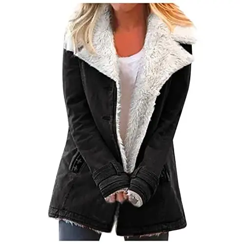 Produktbild: ENPAP Mantel Frauen Schlichtes Herbst Mantel Kapuzen Long mit Druckknöpfen Pelz gefüttert Klassisch Coat Frau Anliegend Warme Lange Ärmel Strands Schwarz