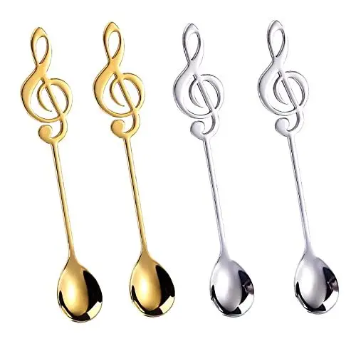 Produktbild: WUDQIJI Kaffeelöffel Dessert Löffel Espressolöffel 4 Stück 15,5cm Dekorative Musiknote Rührlöffel Teelöffel Dessertlöffel Edelstahl Löffel Servierlöffel Joghurtlöffel für Zuhause (Gold,Silber)