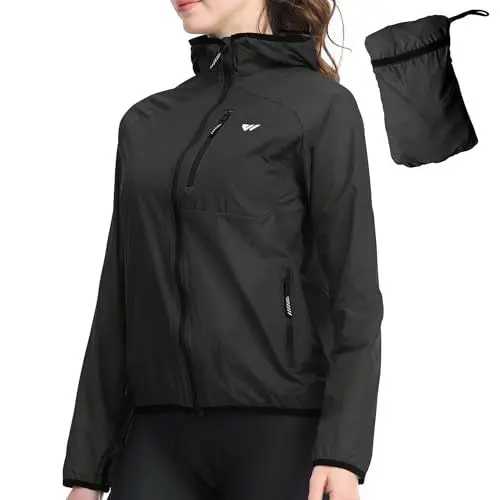 Produktbild: Wulibike Fahrradjacke Damen Faltbare Regenjacke Leicht und Atmungsaktiv Laufjacke Reflektierende Windbreaker für Radfahren,Trekking und Outdoor Schwarz A5=XL
