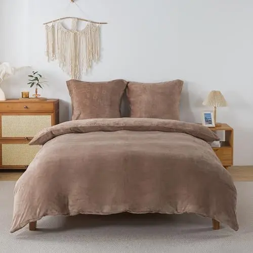 Produktbild: WUMIUER Flauschig Bettwäsche 135x200 cm Kaffeebraun 2tlg Set, Winter Biber Warm Bettbezug und 1 Kissenbezug 80x80cm, Kuschelig Weich Cashmere Touch Flanell Fleece Bettdeckenbezug Bettdecke Cover