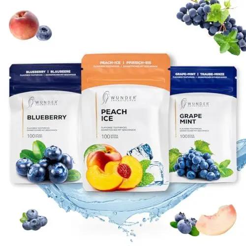 Produktbild: Wunder Zahnstocher - In 3 erfrischenden Sorten 'Fruit Crush Pack’ - Zahnstocher mit Geschmack - gute Alternative zu Kaugummi - frischer Atem mit Aromatisierte Zahnstocher (3er Pack)