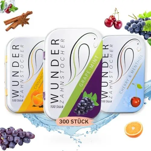 Produktbild: Wunder Zahnstocher - In 3 erfrischenden Sorten 'Tasty Pack’ - Zahnstocher mit Geschmack - gute Alternative zu Kaugummi - frischer Atem mit Aromatisierte Zahnstocher (3er Pack)