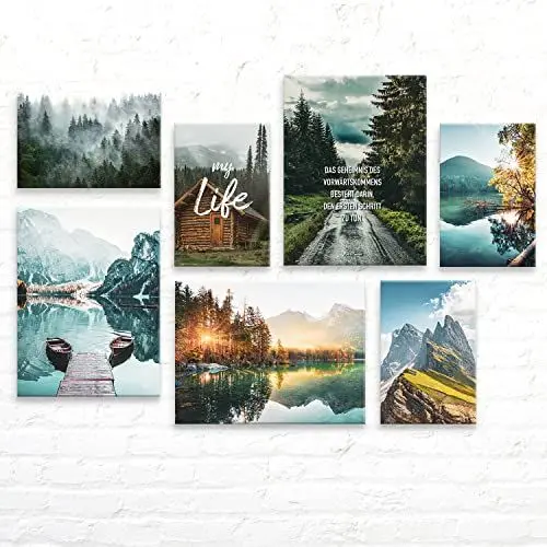 Produktbild: Wunderschöne Alpen Wandbilder im Set - 7 aufhängefertige Leinwand-Bilder von Berg Bäume Seen & Wald, mood Wand-Deko für Wohnzimmer Schlafzimmer Landschafts-Bilder Set je 3x 30x40cm - 4x 30x20cm
