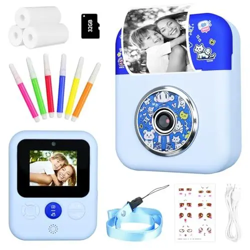 Produktbild: Wurkkos Kinderkamera, Sofortbildkamera, 1080P, ca. 6cm Bildschirmdiagonale, 3X Rollen Druckpapier, 32GB SD-Karte, 8X Zoom Fotokamera mit 6xFarbstiften, Geschenk für Kinder 3-14 Jahre alt