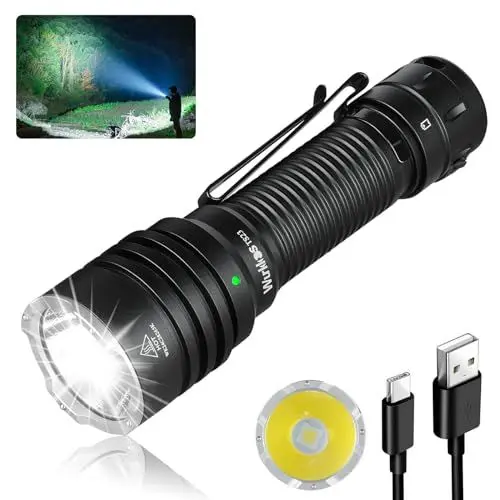 Produktbild: Wurkkos TS23 Taschenlampe Led Aufladbar, 5000 Lumen Extrem Hell Taktische Taschenlampe,IP68 Wasserdicht Taschenlampen mit 9 Modi, 482 Meter Reichweite,für Camping, Wandern, Outdoor, Notfäll Rettung