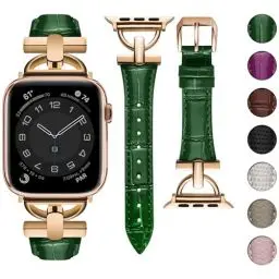 Produktbild: wutwuk Lederarmband Kompatibel mit Armband 42mm 41mm 40mm 38mm Echtes Leder mit Bamboo-Muster Schmal Armband für Apple Watch SE/10/9/8/7/6/5/4/3/2/1 Damen Frauen Grün Roségold