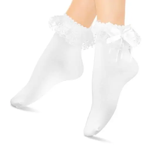 Produktbild: WY LIGHTING LEVEL RüSchen Söckchen Socken mit RüSchen für Damen weiche Baumwollsocken süße Spitzensocken RüSchensocken Damensocken Gerüschte Socken für Mädchen (Schleifenspitze)