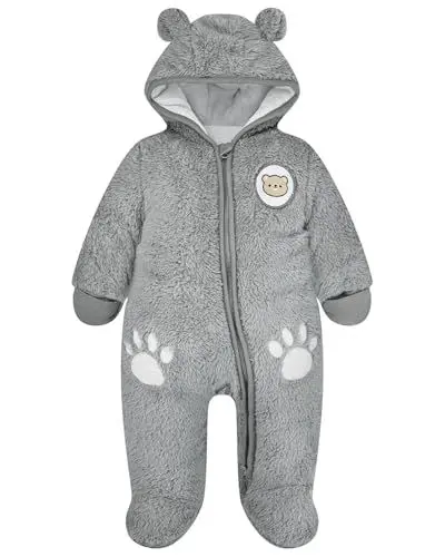 Produktbild: WYTbaby Schneeanzug Baby Winter Overall Warm Fleece Strampler Bären Kapuze Für Jungen Mädchen 6-9 Monate,Grau