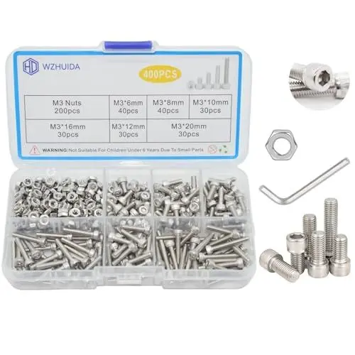 Produktbild: WZHUIDA 400 Stück M3 Schrauben Set, Zylinderschrauben mit Muttern Sortiment Kit, Edelstahl Innensechskant Zylinderkopf Schrauben Set, Sechskopf Gewindeschrauben Muttern mit Schraubenschlüssel