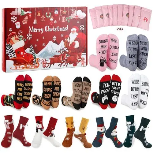 Produktbild: Wzone 12 Paare Adventskalender für Frauen 2024 Frauen Erwachsene Kuschelsocken, Funny Socken Baumwollsocken mit Sprüchen, Geschenke zu Weihnachten, Weihnachtssocken Geschenkset