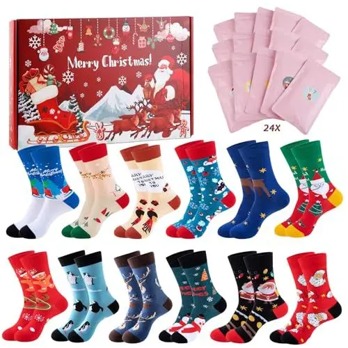 Produktbild: Wzone 12 Paare Weihnachtssocken Damen Adventskalender 2024, Erwachsene Kuschelsocken Frauen (35-42), Kuschelsocken Weihnachtskalender, Geschenke zu Weihnachten
