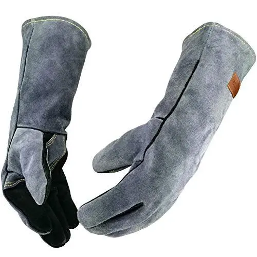 Produktbild: WZQH 36CM, 500℃, Leder Schweißhandschuhe Klein,Hitze/feuerbeständig,Handschuhe für Grill,Ofen,Kamin, feuerwehr,Tig,Mig,Backen,Herd,schmiede,Topflappen,Haustierbeißschutz.Schwarz/Grau S
