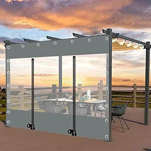 Produktbild: WZYJLyds Outdoor Planenvorhänge mit Reißverschluss Tür, 0,5mm PVC Transparente wasserdichte Plane Seitenteile mit Ösen,Pergola,Terrasse,Veranda,Pavillon,Carport,Grau Durchsichtige Plane