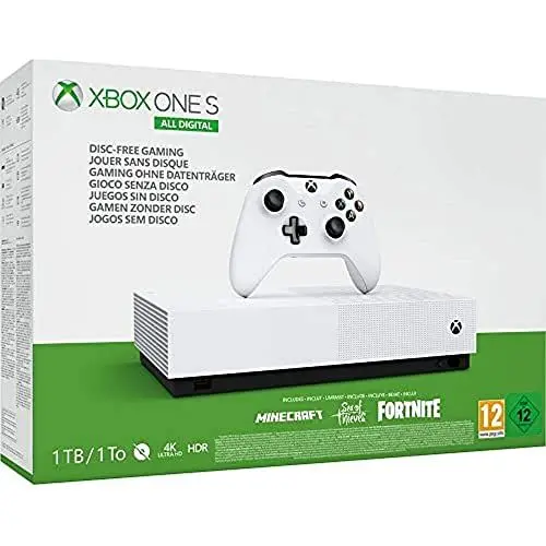 Produktbild: Xbox One S 1TB All Digital Edition Konsole inkl. Minecraft, Sea of Thieves, Fortnite-Skin und 2,000 V-Bucks
