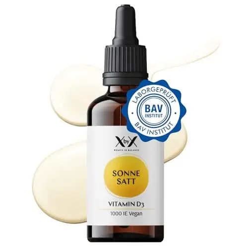 Produktbild: XbyX Sonne Satt 30 ml | 950 Tropfen | Veganes Premium Vitamin D3 hochdosiert mit 1000 I.E. | Pflanzlich | Laktosefrei | Glutenfrei | Laborgeprüft | Aus Flechtenextrakt in MCT-Kokosöl | Aus Deutschland