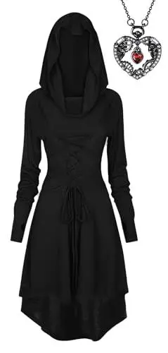 Produktbild: XCMVCN Gothic Kleid Damen Mittelalter Renaissance Langarm Retro Mit Kapuze Kleid Damen, mit Gothic Herzförmiger Schädel-Halskette, Halloween Karneval und Rollenspiel Kostüme - (Schwarz, L)