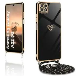 Produktbild: XCYYOO Handykette für Samsung Galaxy A22 5G Hülle mit Band,Handyhülle Samsung Galaxy A22 5G mit Kette Love Design Galvanik Silikon Stoßfest Schutzhülle mit Kordel zum Umhängen Kameraschutz, Schwarz