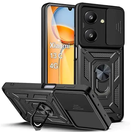 Produktbild: XCYYOO Hülle Redmi 13C 4G mit Ring Handyhülle Redmi 13C 4G Magnetische Autohalterung Halter Ständer Silikon Kameraschutz Schutzhülle Metall Ring Halter Stoßfest Bumper Redmi 13C 4G Case- Schwarz