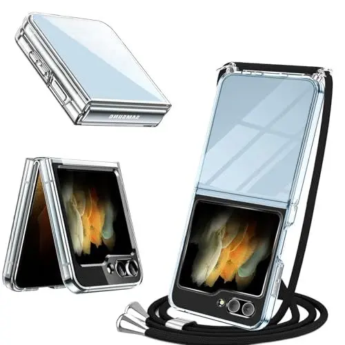 Produktbild: XCYYOO Hülle Samsung Galaxy Z Flip 6 mit Band, Handyhülle Samsung Z Flip 6 mit Kette Kordel Transparent Kratzfest Silikon Handykette Stoßfeste Schutzhülle für Samsung Galaxy Z Flip 6, Schwarz