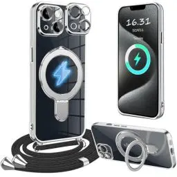 Produktbild: XCYYOO Magnetisch HandyHülle für iPhone 13 Hülle mit Band,(Kompatibel mit Magsafe) Transparente Silikon Stoßfest Handykette Schutzhülle Ring Ständer Kameraschutz Case mit Kette für iPhone 13