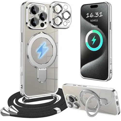 Produktbild: XCYYOO Magnetisch HandyHülle für iPhone 16 Pro Hülle mit Band,(Kompatibel mit Magsafe) Transparente Silikon Stoßfest Handykette Schutzhülle Ring Ständer Kameraschutz Case mit Kette für iPhone 16 Pro