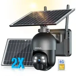 Produktbild: Xega <2 Solarpanels> 3G/4G LTE Überwachungskamera Aussen mit SIM Karte 2K HD 3MP PTZ Kabellos Kamera Outdoor PIR Erkennung Farb/IR Nachtsicht 2-Wege-Audio Cloud und TF-Karten IP66 Wasserdicht