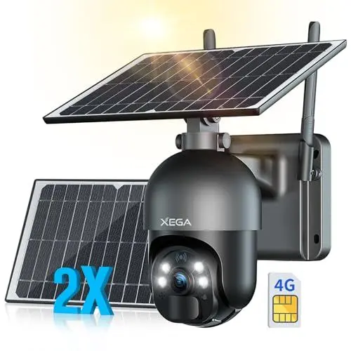 Produktbild: Xega <2 Solarpanels> 3G/4G LTE Überwachungskamera Aussen mit SIM Karte 2K HD 3MP PTZ Kabellos Kamera Outdoor PIR Erkennung Farb/IR Nachtsicht 2-Wege-Audio Cloud und TF-Karten IP66 Wasserdicht