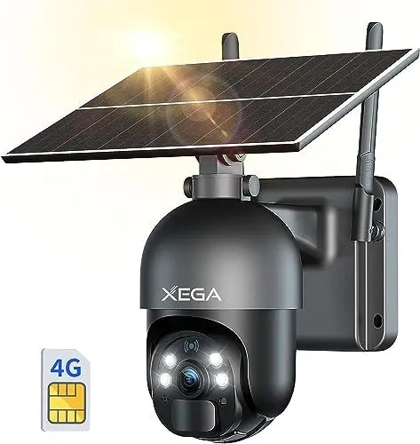 Produktbild: Xega 3G/4G LTE Überwachungskamera Aussen mit SIM Karte Kabellos Solar PTZ IP Kamera Outdoor mit 2K Farb-Nachtsicht 355°/95° Schwenkbar TF-Kartenslot PIR Erkennung 2-Wege-Audio IP66 Wasserdicht
