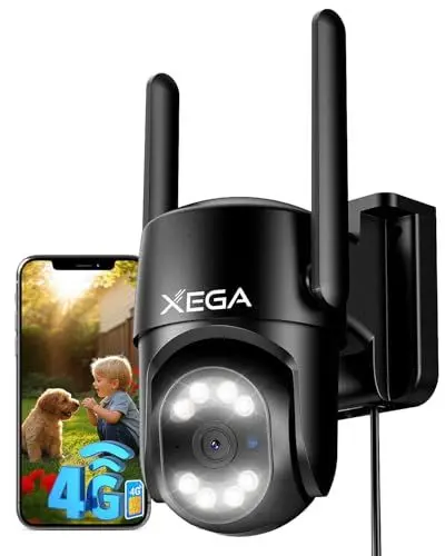 Produktbild: Xega 4G LTE Überwachungskamera Aussen<strong>24/7 Aufzeichnung:</strong>  2K CCTV PTZ Kamera Ohne WLAN kabelgebunden, Automatische Verfolgung KI Menschenerkennung Alarmierung IP66 TF/Cloud-Speicher, mit SIM-Karte