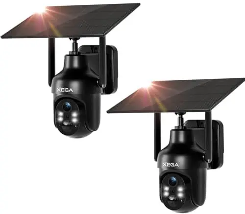 Produktbild: Xega Zwei Packungen Überwachungskamera Aussen, HD PTZ Kabellos IP Kamera Überwachung Außen Akku mit Solarpanel, IR-Nachtsicht, PIR Personenerkennung, 2 Wege Audio, IP66 Wasserdicht, 2,4GHz WiFi