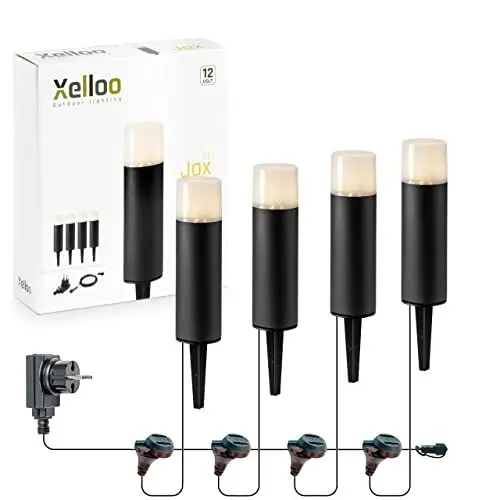 Produktbild: Xelloo Gartenleuchten Set JAX, 12 Volt, 4 Stück Aluminium/PVC Designarmaturen 1W LED warmweiß mit Erdspieß, wasserdicht (IP44) und mit praktischem Schiebeanschluss Schwarz