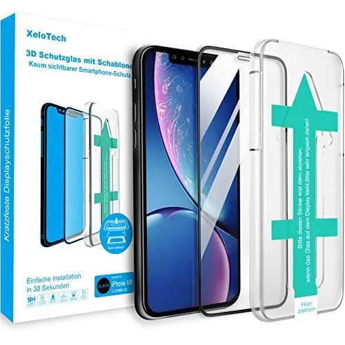 Produktbild: XeloTech 3D/4D Schutzglas für iPhone 11 & iPhone XR mit 6.1 Zoll - Full Screen Schutzfolie aus Glas Mit Schablone für Positionierung - 9H Displayschutz - Hüllenfreundlich