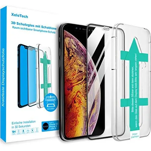 Produktbild: XeloTech Premium 3D Schutzglas für iPhone 11 Pro (5.8 Zoll) und Xs/X Vollglas mit Schablone - Kompatibel mit Hülle & Case - Full Cover Panzerglasfolie Mit Randschutz