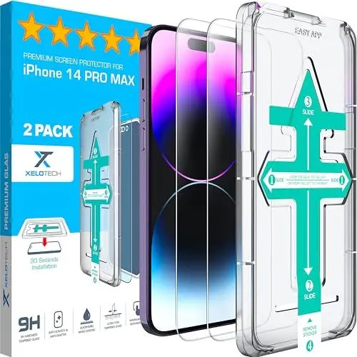 Produktbild: XeloTech Premium Schutzglas für iPhone 14 PRO MAX aus Panzerglas - 9H+ Härtegrad - 2 Stück - Mit Schablone für Schnelle Installation